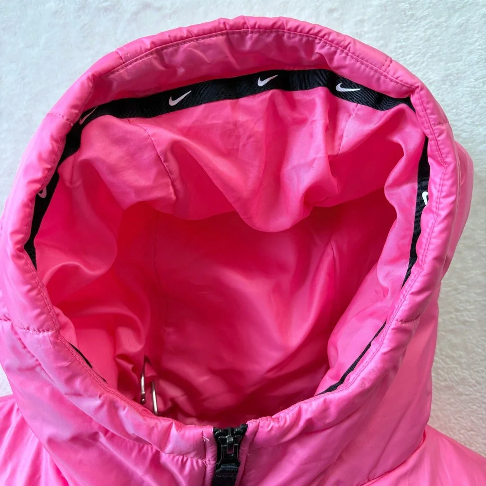 Nike‎ Therma-FIT Puffer Coat Women Sz Small Pink Long Hooded Winter Warm